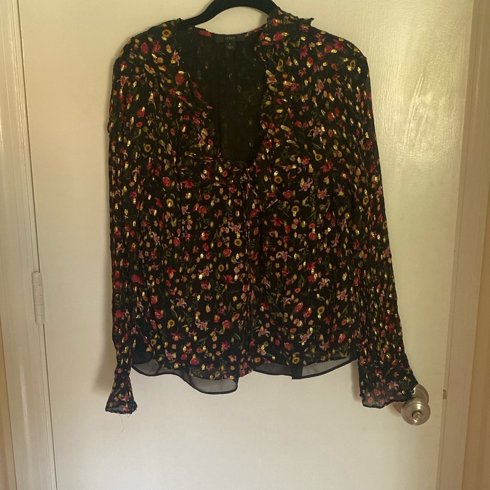 J crew floral long sleeve blouse with gold metallics accents